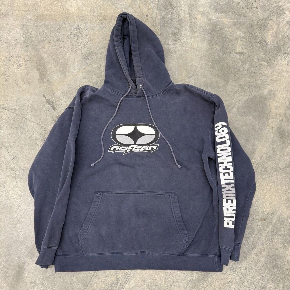 Y2K No Fear Hoodie Mens Medium Blue Pullover Fleece Logo Puremx Sleeve USA Made